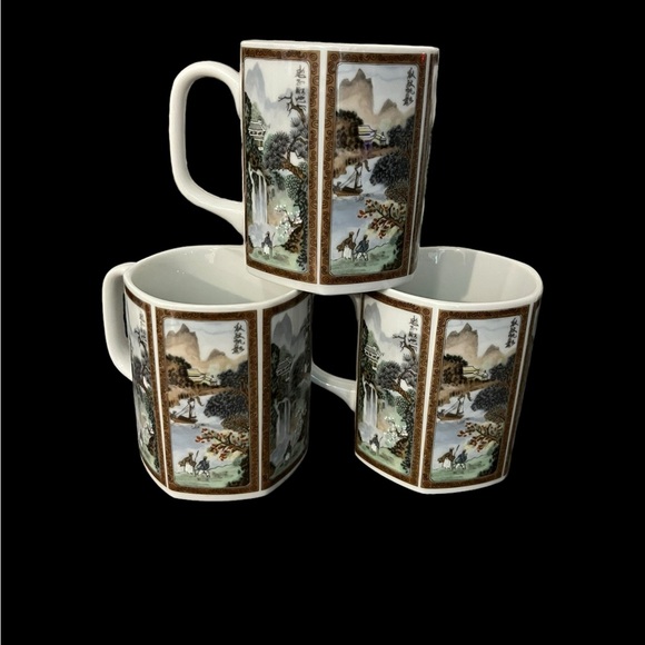 Seizan Fine China Japan - Set of 3 Japanese Landscape Scenery Hexagon Mugs - Picture 2 of 6